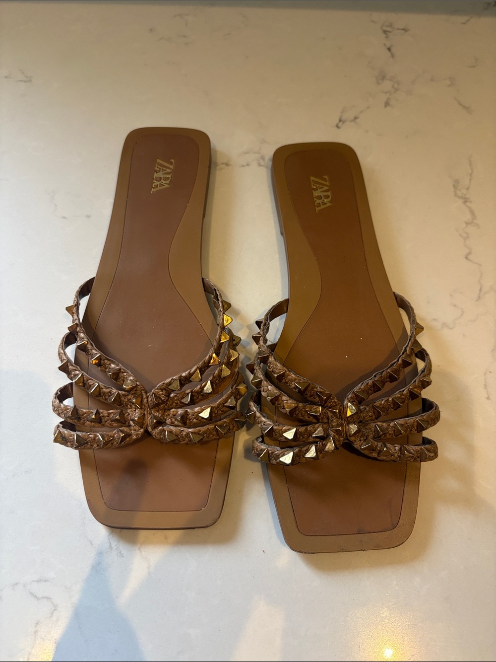 ZARA Brown Braided Slide Sandals with Gold Studs